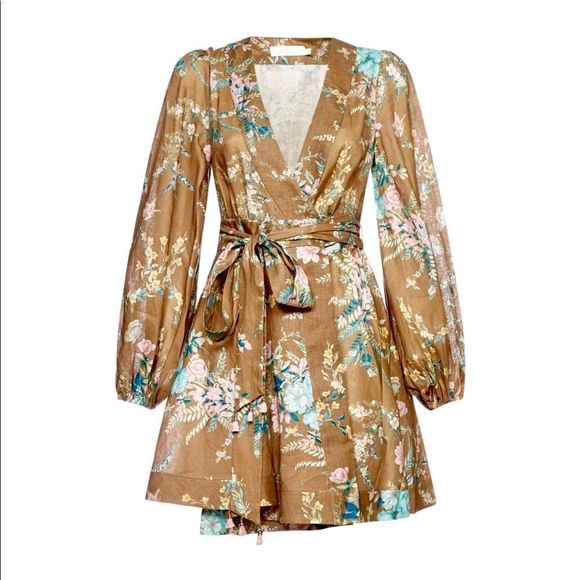 NWOT ZIMMERMANN 100% Linen Cassia Wrap Short Brown Floral Dress - Picture 2 of 9